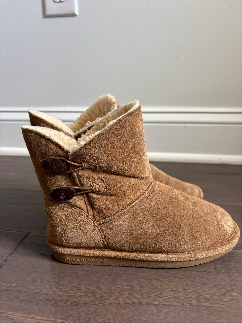 BearPaw Chestnut Suede Shearling Button Ankle Boots